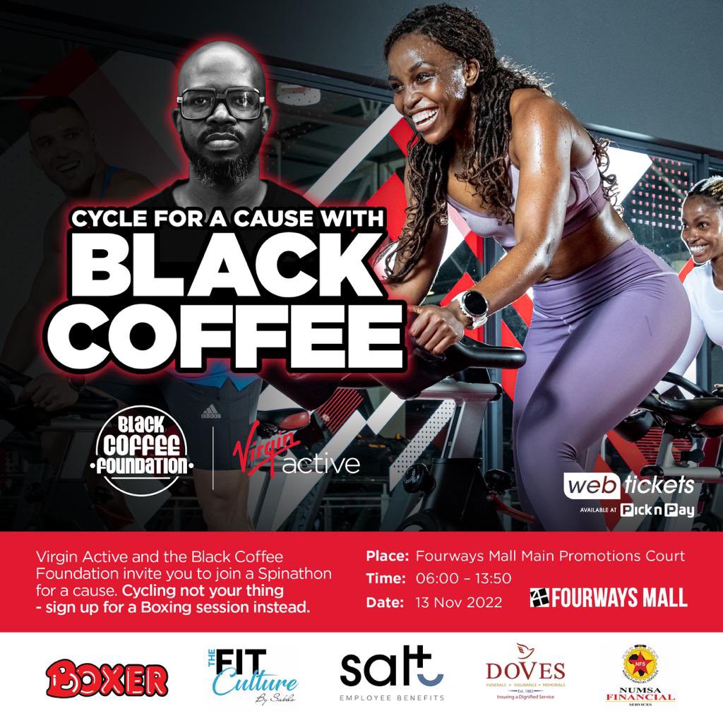 Joburg! This one’s for you - Join DJ BLACK COFFEE on 13 November to Cycle for a Cause with @virginactiveSA @FourwaysMall @RealBlackCoffee @FoundationByBC Get your tickets now @https://bit.ly/3SXR11w see you there #cycle4acause #theoneswhodare