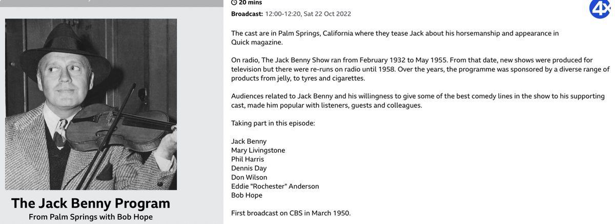 EltonMaryon's tweet photo. #JackBenny a truly great comedian & master of the long pause & impassive stare.
On receiving a Lifetime Award for Comedy, remarked “wouldn’t it be funny if my next show was lousy ?”
#TheJackBennyProgram @BBCRadio4Extra today at noon. This episode is from 1950 & features #BobHope https://t.co/Kqca1lyAI5