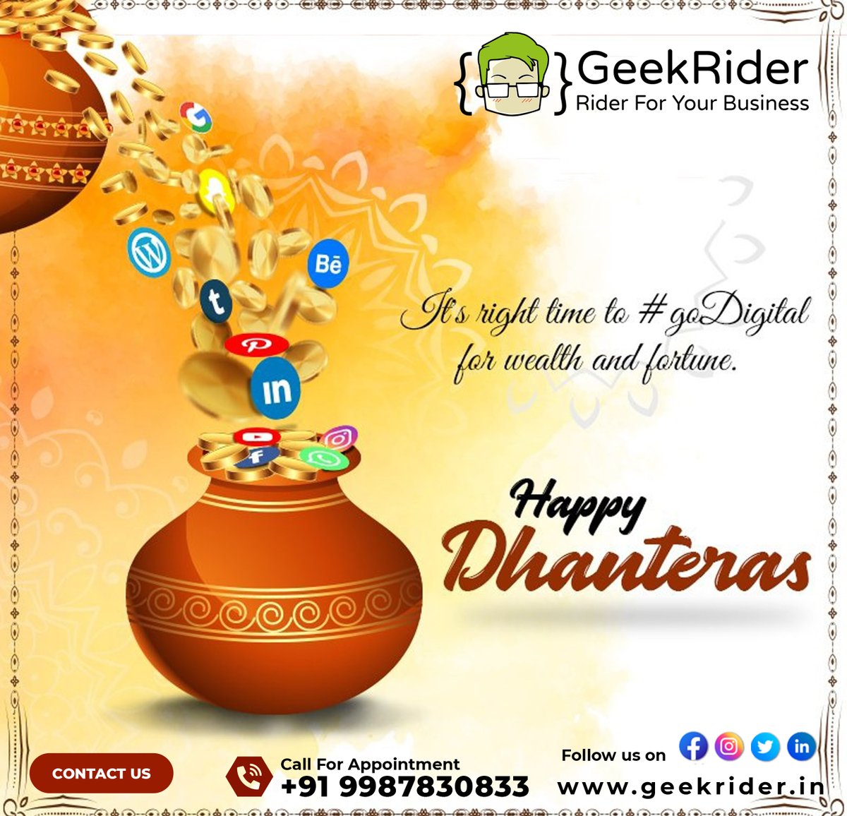 GeekRiderin's tweet photo. May this #Dhanteras light up new dreams and fresh hopes, may undiscovered avenues fill your days with pleasant surprises and moments.
#TeamGeek wishes you and your family Happy Dhanteras!
#geekrider #dhantrayodashi #diwali #deepavali #धनत्रयोदशी #धनतेरस #website #digitalmarketing https://t.co/ByIWAENYTF