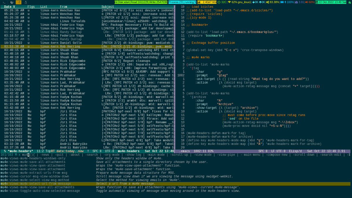 unixbhaskar's tweet photo. Fiddling  :)  

#linux #research #mu4e #emacs #list #code #linuxadmin #sysadmin #opensource https://t.co/ohcaU7P4Bi