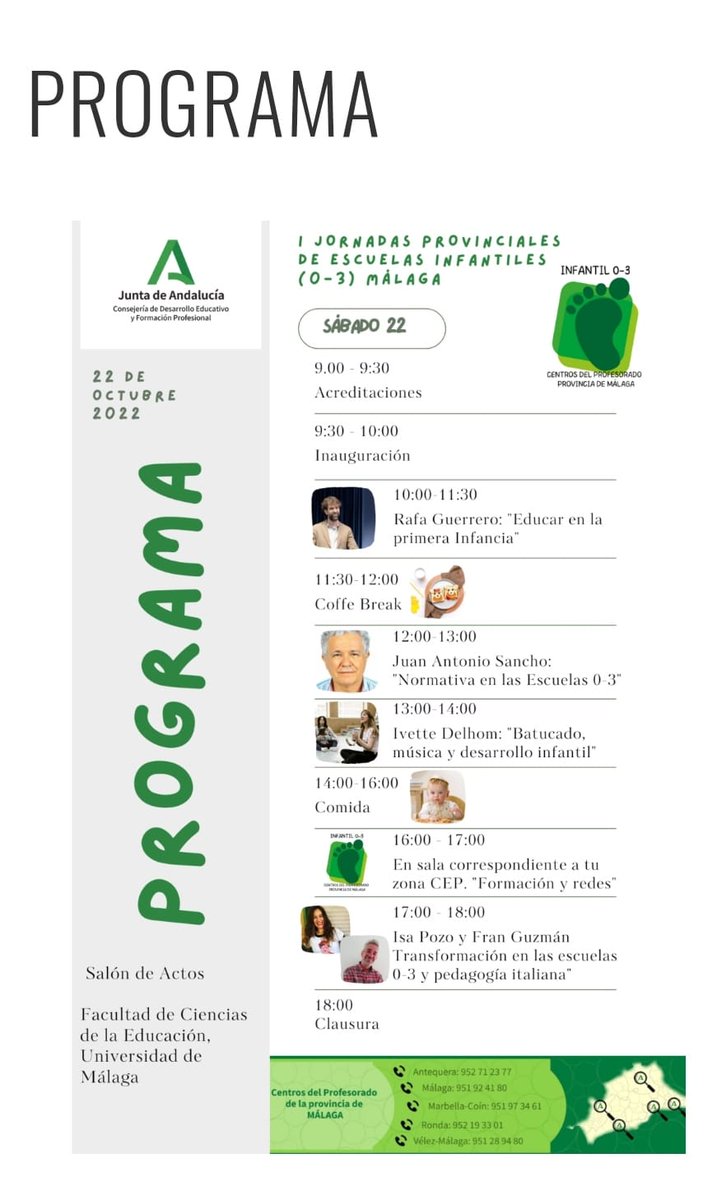 cepantequera's tweet photo. Estupendo programa para pasar un sábado. I Jornadas de Escuelas infantiles (0-3). 
@ManoliFM @cepronda @cepmalaga @cep_velezmalaga @cepantequera @cepmarbellacoin
@EducaAndInnova
 #JEImálaga22 #primerciclo #educacióninfantil #educacioninfantilmalaga https://t.co/52pPdwO7YR