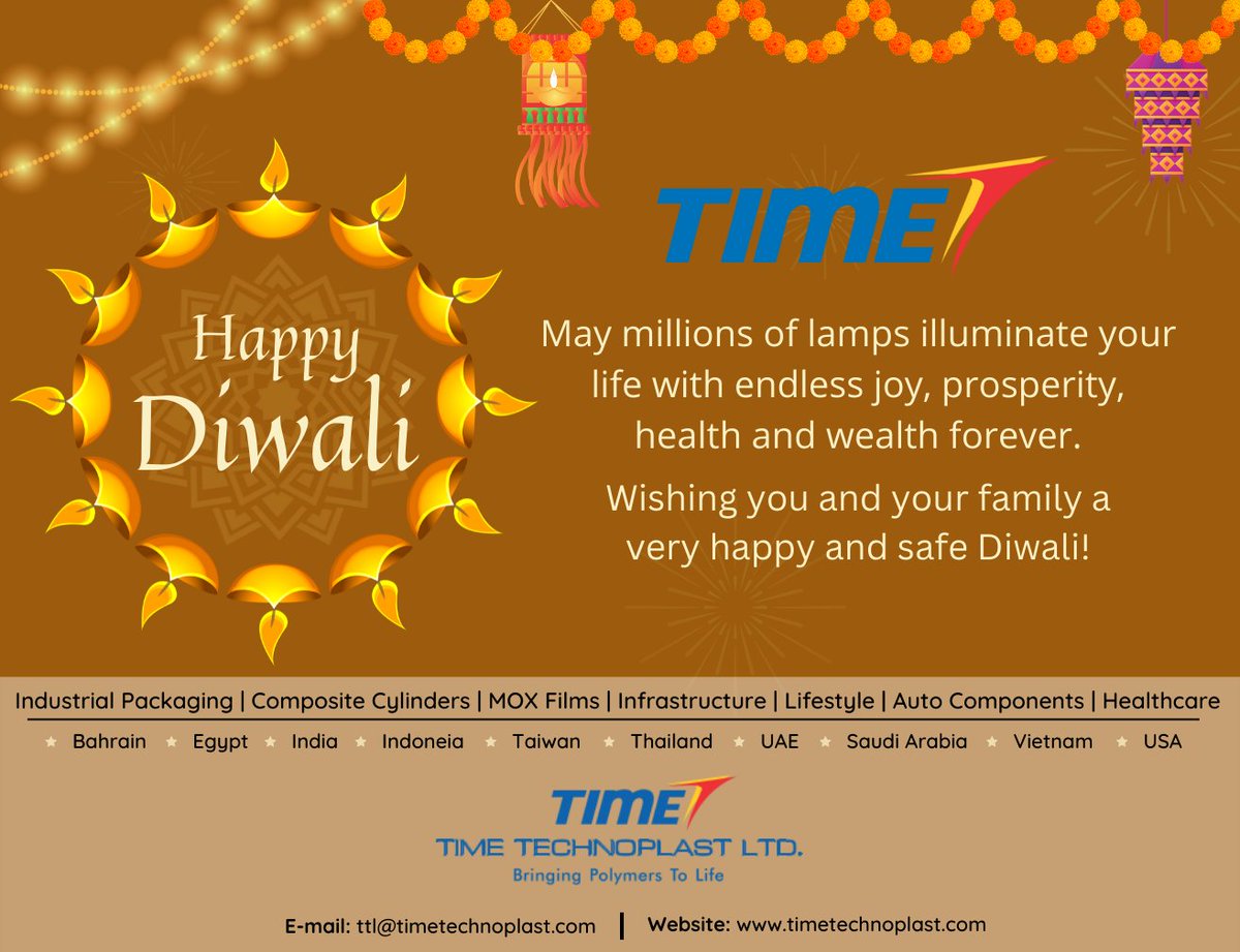 May Millions of lamps illuminate your life with endless joy, prosperity, health &amp; wealth forever.

Wishing you and your family a very happy &amp; safe Diwali!

#Diwali #Diwali2022 #festivalvibes #festivaloflights #TimeTechnoplast