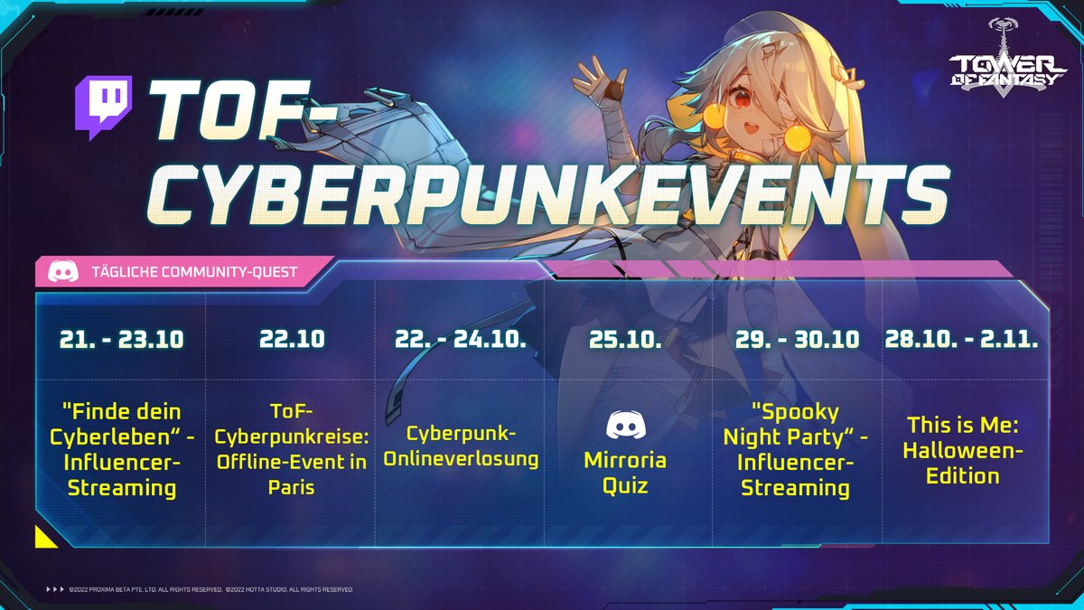 ToF_DE_Official's tweet photo. Bereit für eine weitere verrückte Woche? 🎮
Schaut euch die Pläne zu unseren kommenden Events an und verpasst nicht unsere tägliche Community Quest um 16 Uhr auf Discord!

Auf welche freut ihr euch am meisten? 👾

#ToFCyberpunk #ToFevents #ToF https://t.co/vg8jrOghKE