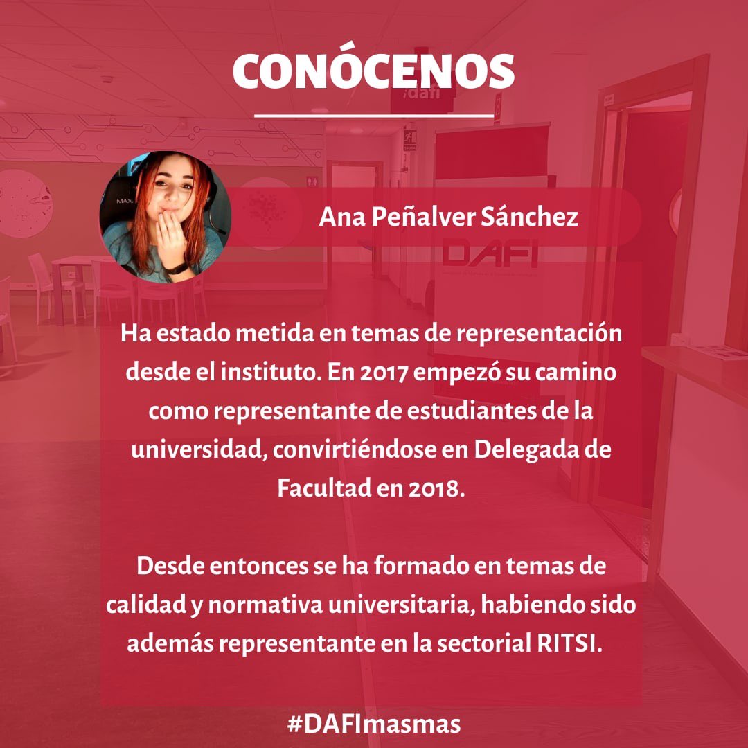 CrazyAnnieTMI's tweet photo. Los que me conocen saben que vivo por y para la representación estudiantil. Este año vuelvo a presentar mi candidatura como delegada de la facultad de informática. Me acompaña el mejor equipo posible. Estamos listos para darlo todo #dafimasmas https://t.co/QBz9UGNulI
