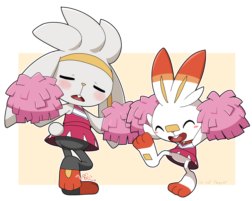 scorbunny pokemon (creature) closed eyes pom pom (cheerleading) open mouth holding blush cheerleader  illustration images