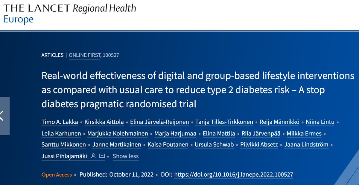 New—multi-center RCT data suggests that lifestyle intervention based on multiple behavior change theories &amp; combined digital &amp; group-based face-to-face delivery improves diet quality, decreases abdominal adiposity &amp; prevents increase in insulin resistance tinyurl.com/578hvmky