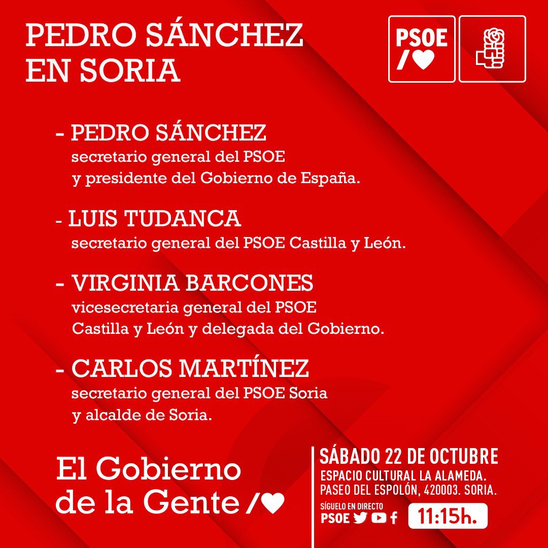 sanchezcastejon's tweet photo. ¡Buenos días! Hoy, a partir de las 11:15h estaré en el acto del @PSOE en #Soria junto a @luistudanca, @VirBarcones y @cmmsoria 
 
Podrás seguirlo en las redes sociales. Os espero. 

 #ElGobiernoDeLaGente🌹

https://t.co/IP6Z6WR0g1 https://t.co/IuiBcvBfSd