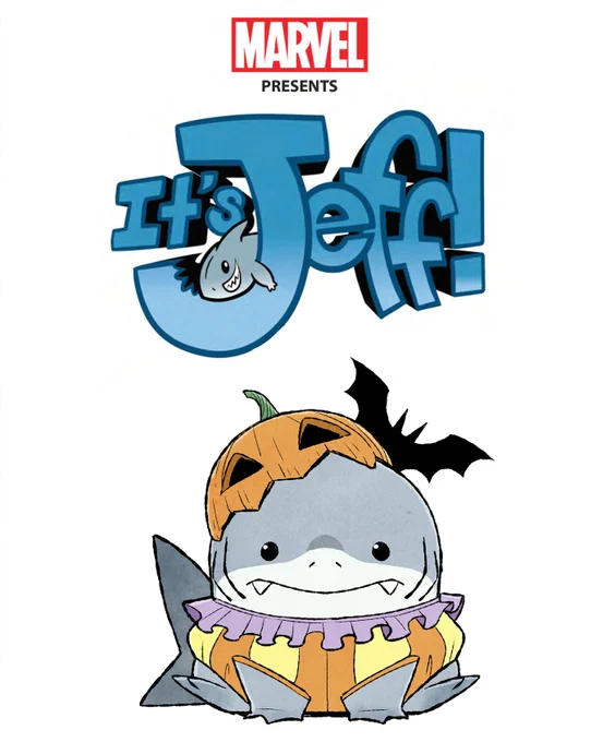 It's Jeffの6話目が公開されました。ケイト・ビショップとグウェンプールと一緒にハロウィンの衣装を探すお話。いろんな衣装を着たジェフを描きました!#Jeffthelandshark 