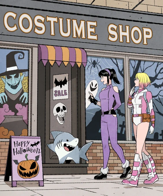 It's Jeffの6話目が公開されました。ケイト・ビショップとグウェンプールと一緒にハロウィンの衣装を探すお話。いろんな衣装を着たジェフを描きました!#Jeffthelandshark 