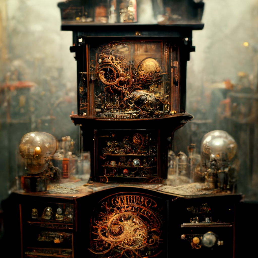 infinityEngines's tweet image. A cabinet of curiosities 
#aiArt inspired by the books of The Infinity Engines.

#art #digitalart #timetravel #steampunk #fantasyart