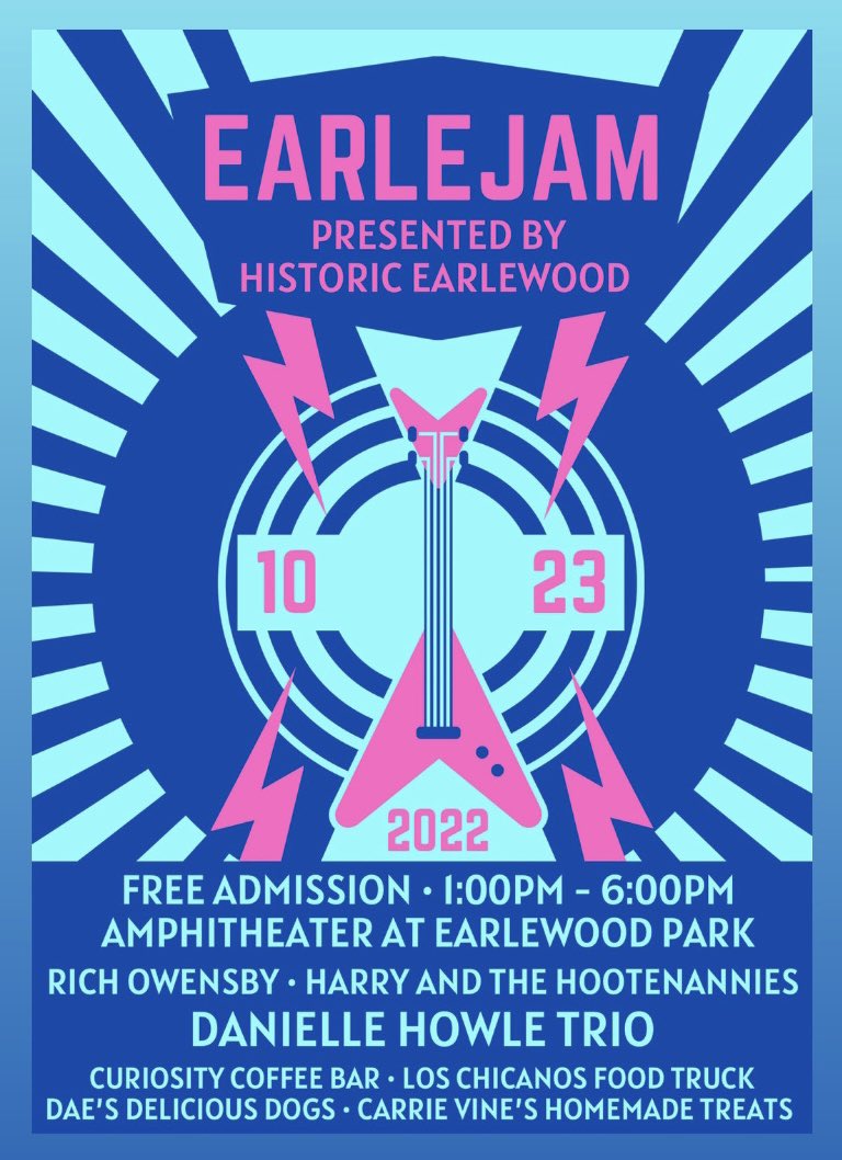 EarleJam 2022 is THIS Sunday from 1-6 at the Amphitheater at Earlewood Park! This is a *free* concert featuring Rich Owensby, Harry &amp; the Hootenannies, and <a href="/DanielleHowle/">Danielle Howle</a>!