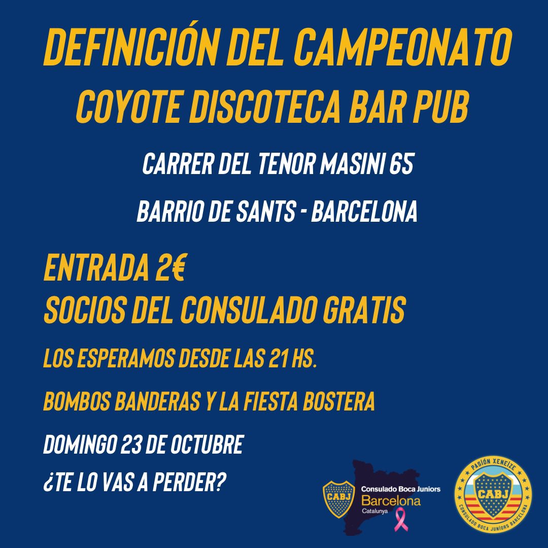 Este domingo viví la definición del campeonato en Barcelona, los esperamos desde las 21 en COYOTE DISCOTECA BAR PUB, en el barrio de Sants Barcelona. No hay nada más lindo que estar entre Bosteros, siempre entre Bosteros!

#boca #bocajuniors #pasionxeneize #consuladosbocajrs