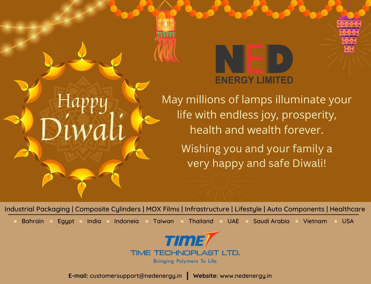 NedEnergyLtd's tweet photo. May Millions of lamps illuminate your life with endless joy, prosperity, health &amp; wealth forever.
Wishing you and your family a very happy &amp; safe Diwali!
#Diwali #Diwali2022 #festivalvibes #festivaloflights #TimeTechnoplast https://t.co/62r0Z6ZLPz