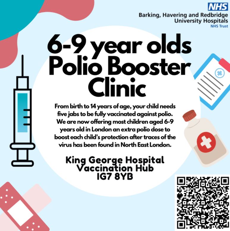 A Polio vaccination clinic is being held at King George Hospital on Wed 26 Oct, where 500 appointments will be offered between 8.30am and 8pm. If your child is aged between 6 and 9, book a slot online or turn up on the day to be seen. More details ▶️ ow.ly/robO50Li6ZN