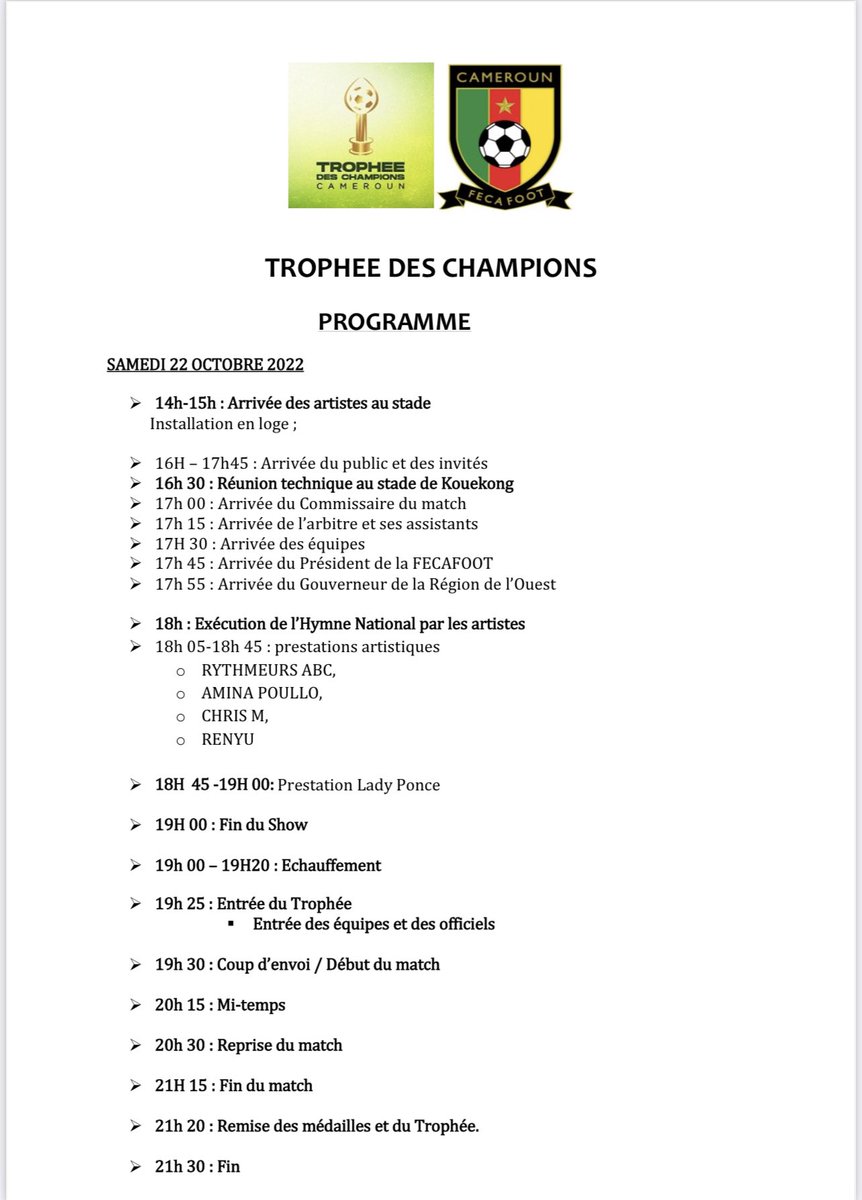 TropheeDC's tweet photo. Programme du Trophée champion des champions. 

JOUR DE MATCH ⚽️🔥

#BAMBOUTOS 🆚 #COTONSPORT

📆 22/10/2022
⏰ 18H00
🏟️ Stade Kouekong 
📍BAFOUSSAM

#BAMCOT| #TropheeDesChampions | #TDC2022 https://t.co/v4ZP9DU3pK