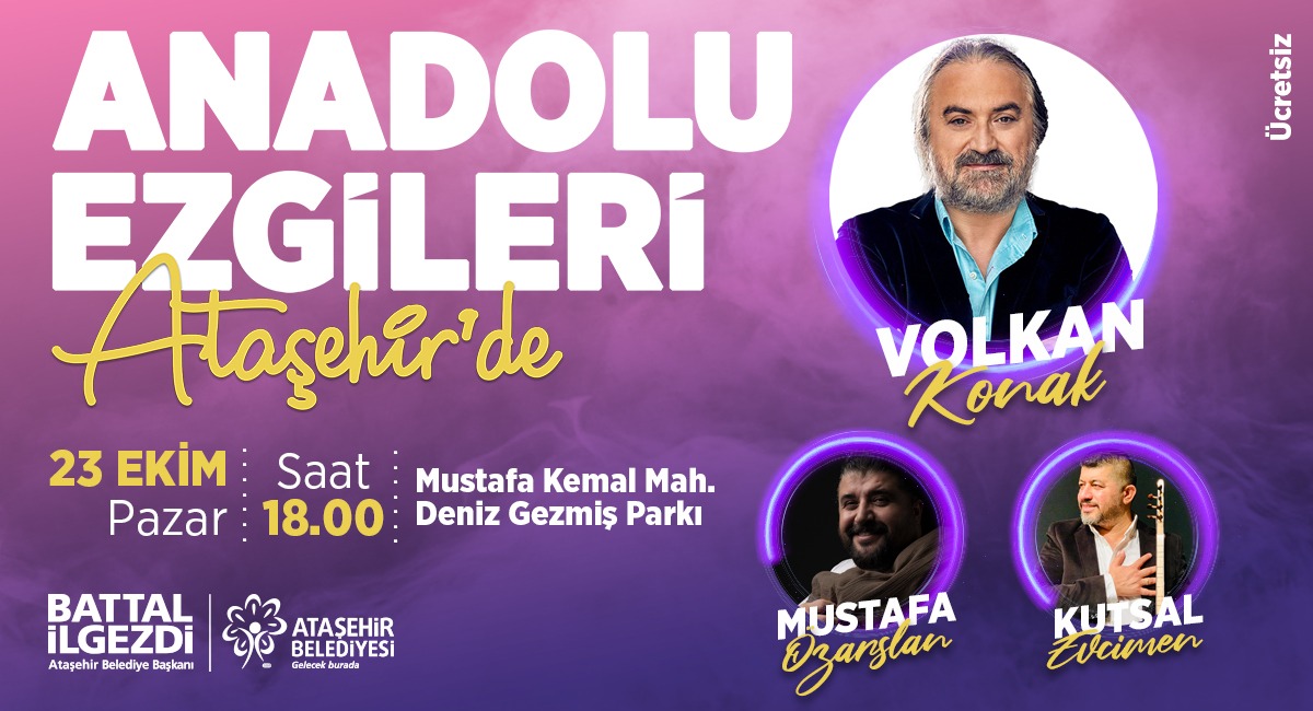 Kıymetli sanatçılar @ktsevcimen, @Mustafagrupcig, @volkankonak'ın sahne alacağı “Anadolu Ezgileri” konserimize tüm komşularımı davet ediyorum. Yarın saat 18.00’de, Deniz Gezmiş Parkımızda hep birlikte türkülerimizi söyleyelim.