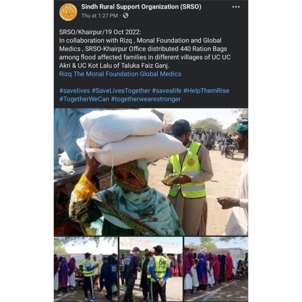 monalfoundation's tweet photo. Alhamdulillah, Monal Foundation’s relief work continues in District Khairpur, Sindh in partnership with @Rizq_Sharefood , @globalmedicdmgf  and @SRSO_Official  where ration bags, ORS packets and mosquito coils are being delivered to 2000 families in 40 villages. https://t.co/aWAeBFL3zB