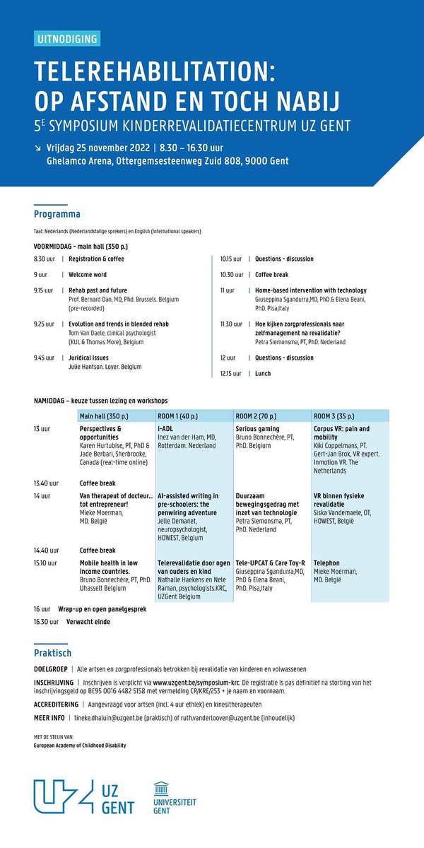 Have you registered for our symposium on Telerehabilitation yet? we look forward to meet you on the 25/11/22! Check our program with excellent speakers😃 #telerehabilitation#uzgent#rehab4future