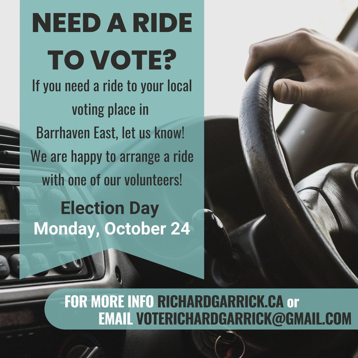 Do you need a ride to your voting place on Monday Oct. 24th? I can arrange for a ride for you with one of my volunteers to the polls in #Barrhaven East! Just send a request through my website at richardgarrick.ca/voting-informa… or send me an email: voterichardgarrick@gmail.com