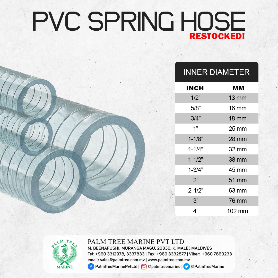 PalmTreeMarine's tweet image. 🚨 𝐑𝐄𝐒𝐓𝐎𝐂𝐊𝐄𝐃: 𝐏𝐕𝐂 𝐒𝐩𝐫𝐢𝐧𝐠 𝐇𝐨𝐬𝐞

Flexible PVC hose with steel wire enforcement
𝑀𝑢𝑙𝑡𝑖𝑝𝑙𝑒 𝑆𝑖𝑧𝑒𝑠 𝐴𝑣𝑎𝑖𝑙𝑎𝑏𝑙𝑒!

#PVCHose #SpringHose #PVCSpringhose #Boatingmv
#Marinemv #PalmTreeMarine