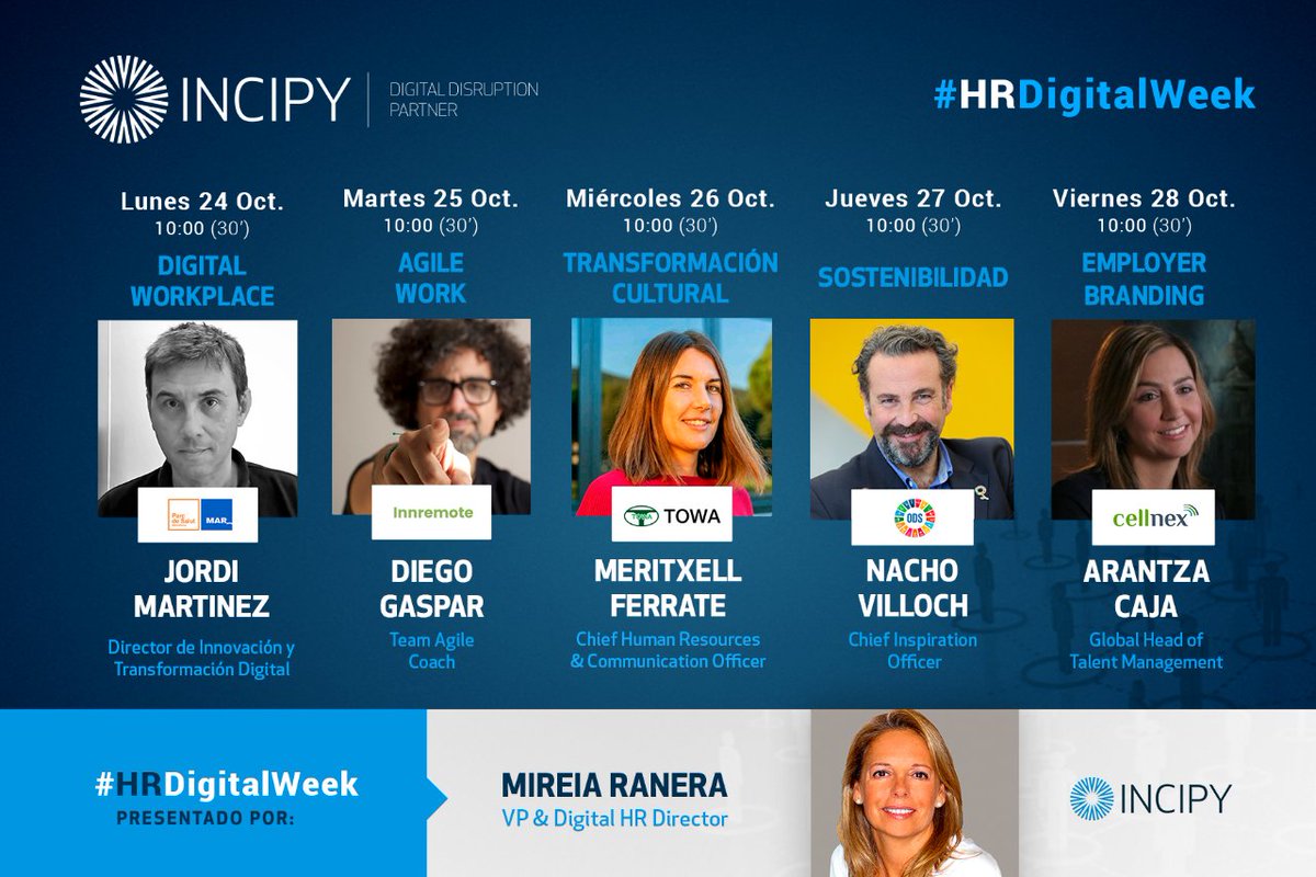 incipy's tweet photo. 📢 ¡El lunes empieza la #HRDigitalWeek!
5 webinars donde abordaremos 5 temas “trending topic” de la mano de 5 líderes del ámbito de los Recursos Humanos 🎙👥
Aquí tienes un adelanto de lo que veremos: https://t.co/IE552EUFBq https://t.co/51sPeNZtt7