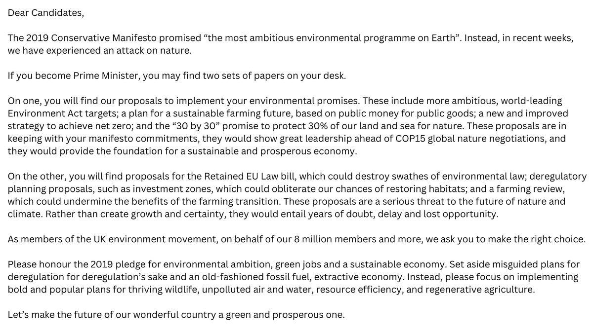 The candidates for Prime Minister have a choice: 💚honour 2019 Manifesto #environment promises 🔥or continue the #AttackOnNature. Read our letter to candidates here. Please share to support #nature & #climate. @BorisJohnson @PennyMordaunt @RishiSunak wcl.org.uk/docs/Dear%20Ca…