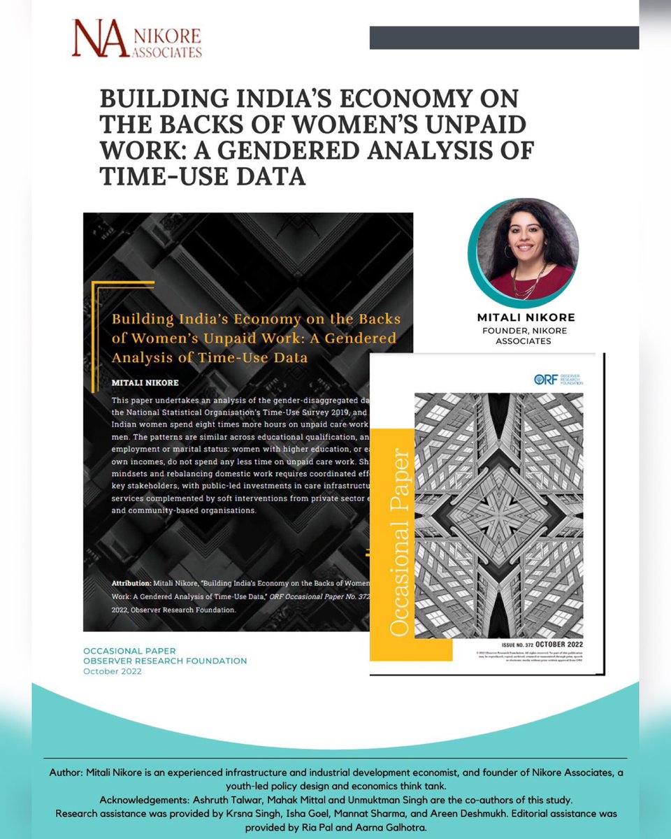 A labour of love by @NAEconTeam & @orfonline - Presenting our complete gendered analysis of time⏱️use data in India! Regardless of employment status, education qualification, or geography, women do over 8X the unpaid care👩🏻‍🍼work as men - far higher than global average of 3X.