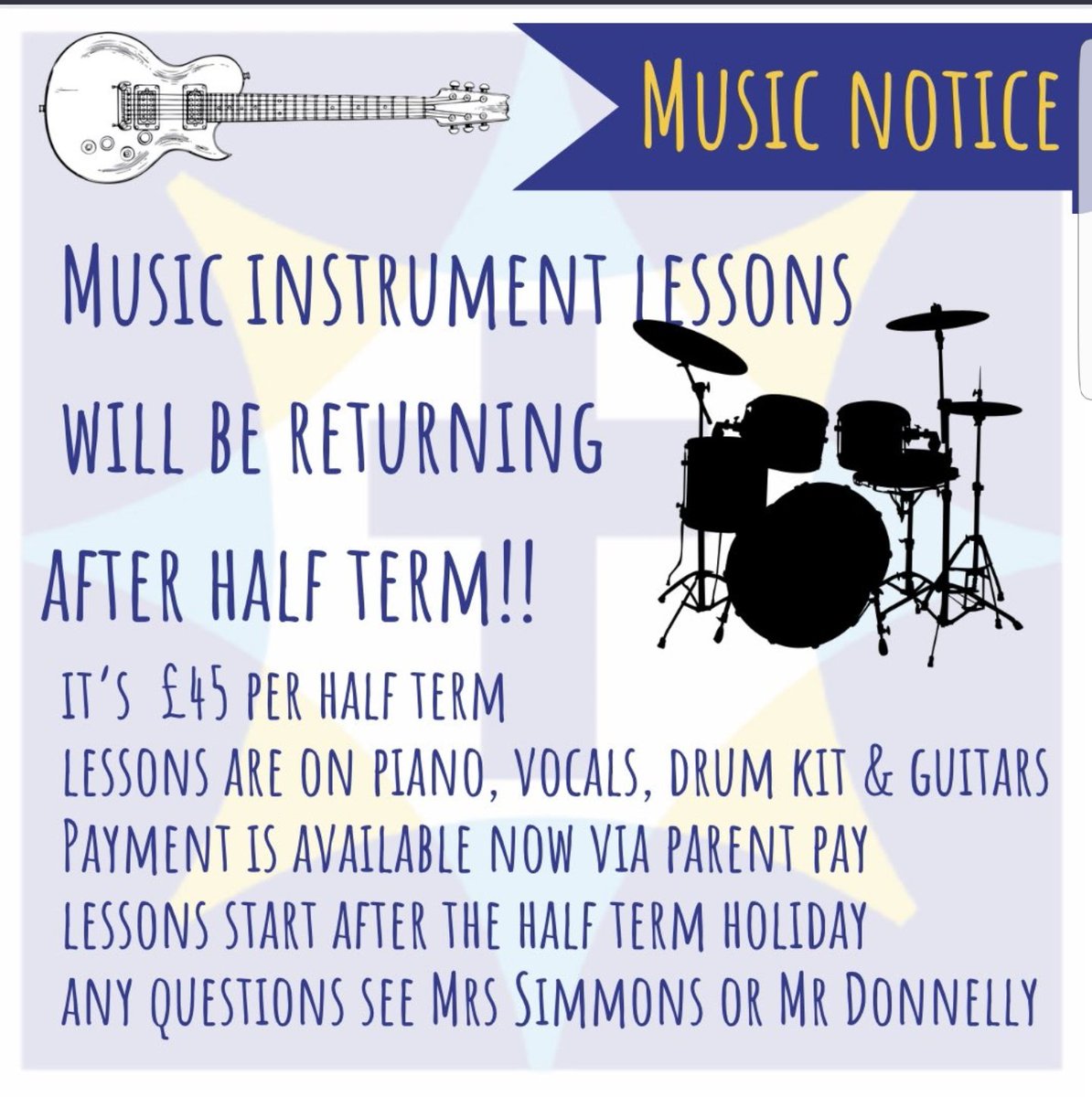 Creative_MsE's tweet photo. Music lessons are starting again at St Anne's RC. Speak to Mr Donnelly if interested. #music #beyourbestyou #creative https://t.co/ipbGYQggim
