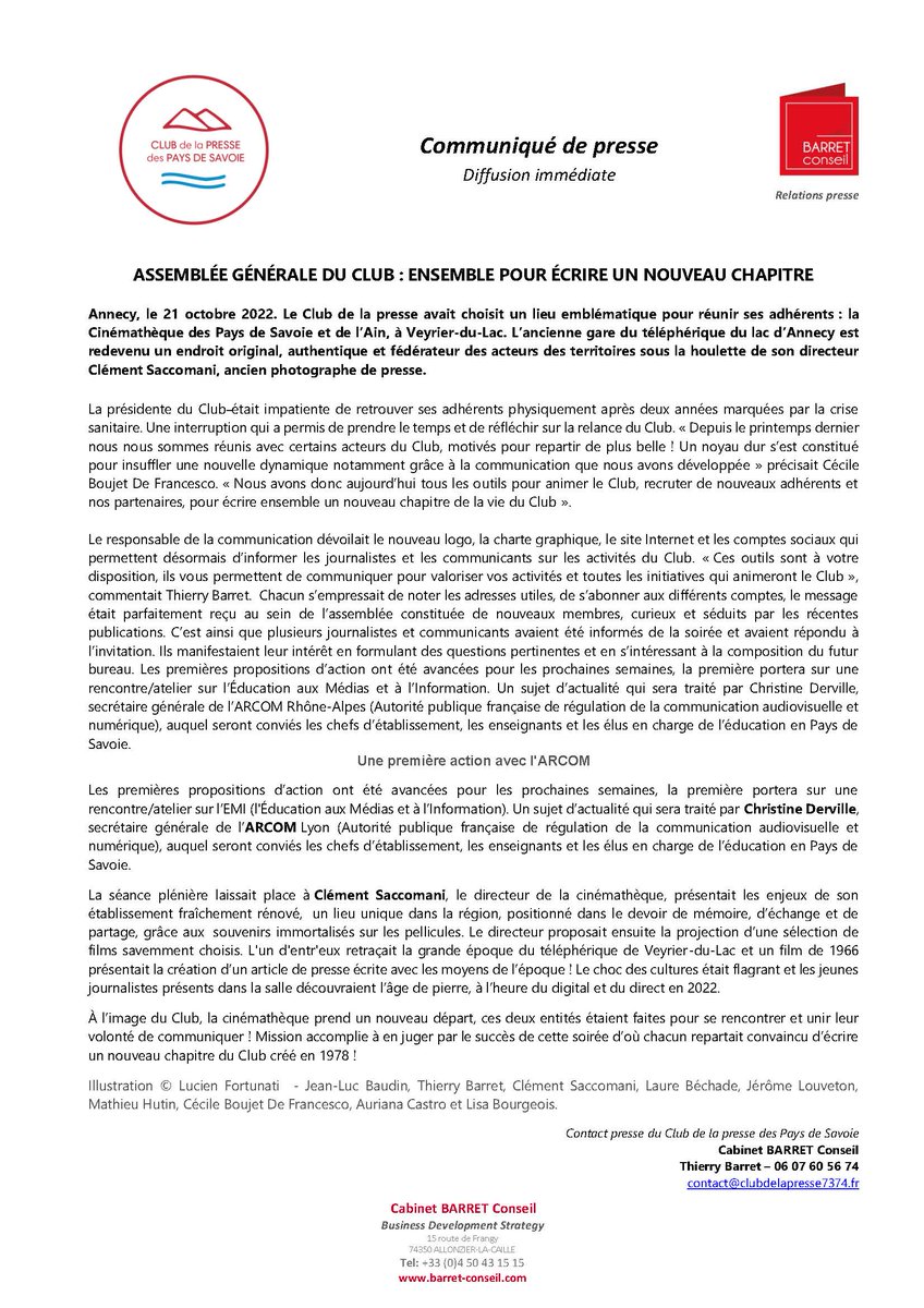 Clubpresse7374's tweet photo. Nouveau chapitre pour le #Clubpresse7374 avec de nouveaux adhérents journalistes et communicants.
Prochain rdv atelier/rencontre @Arcom_Lyon avec Christine Derville @chriszenitude et @MathieuHUTIN @H2Oradio74 - Voir communiqué ⬇️ https://t.co/Dr0GiBfZCb
