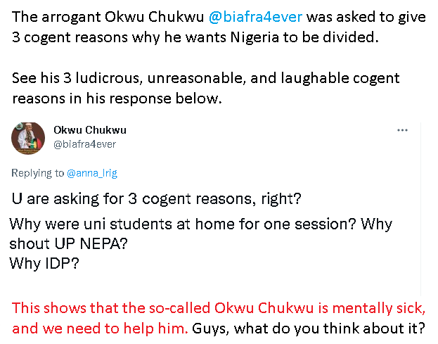 @Nig_Newspapers @helpingpoorppl These are not good reasons to divide your country. Is this not the same guy who produced 7 children and cannot give them a good life due to poverty? 

He said ordinary data used in getting internet in Nigeria is too expensive. What is wrong with this Okwu Chukwu?