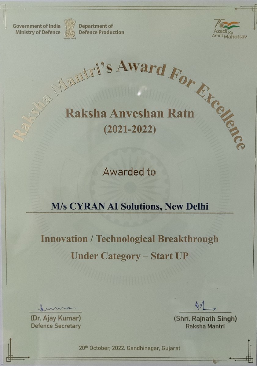 #DefExpo22 Recap2: Hon. RM Sh.<a href="/rajnathsingh/">Rajnath Singh</a> ji presented"Raksha Mantri's Award for Excellence in Aerospace &amp; Defence"to our team <a href="/cyran_tech/">CYRAN AI Solutions</a>. Thanks for support <a href="/DefenceMinIndia/">रक्षा मंत्री कार्यालय/ RMO India</a> <a href="/drajaykumar_ias/">Ajay Kumar</a> <a href="/sjaju1/">Sanjay Jaju</a> <a href="/India_iDEX/">iDEX DIO</a> <a href="/fitt_iitd/">FITT</a> <a href="/adgpi/">ADG PI - INDIAN ARMY</a> <a href="/HQ_IDS_India/">HQ IDS</a> <a href="/iitdelhi/">IIT Delhi</a>🙏#AatmanirbharBharat