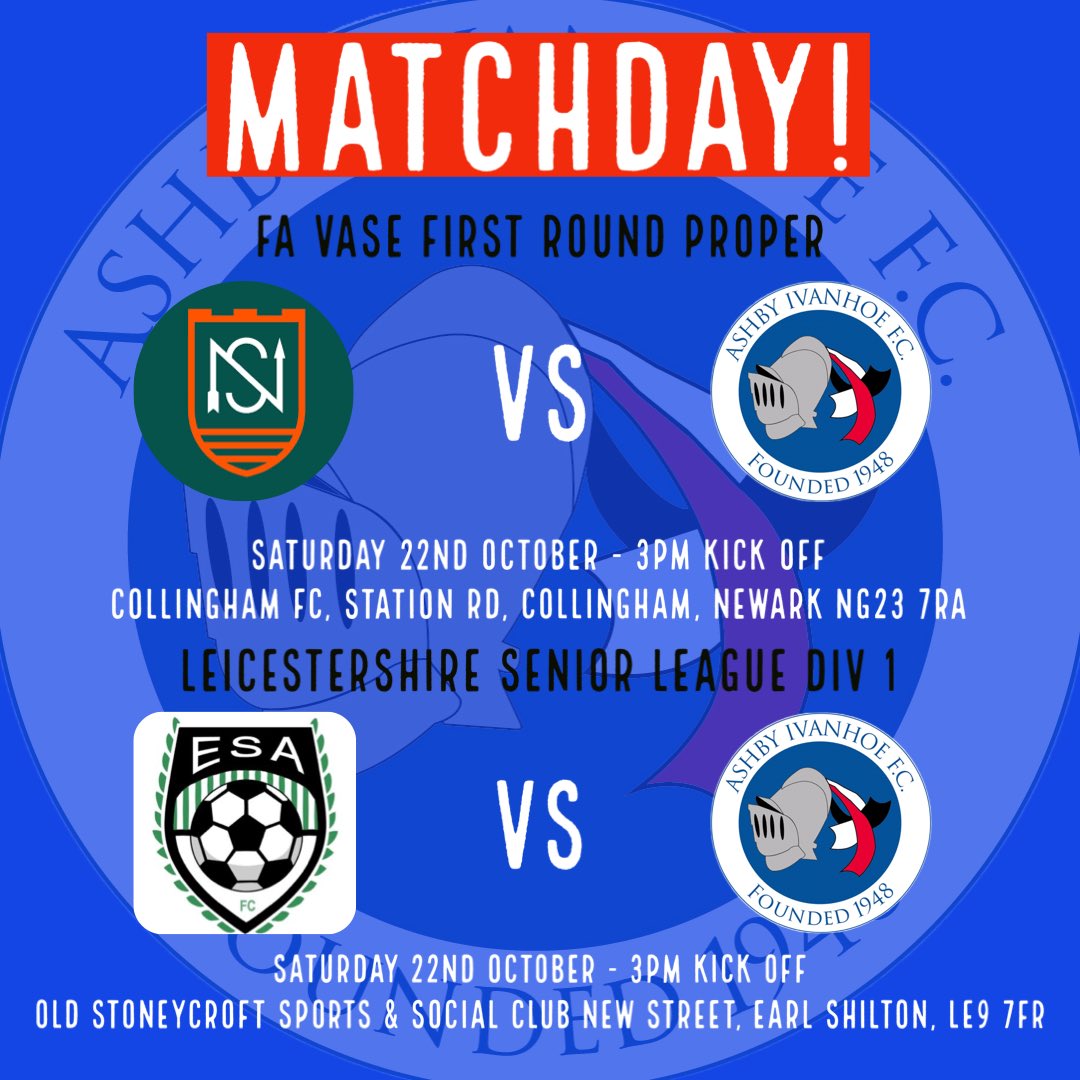 ⚽️MATCHDAY!⚽️

Both of our Senior sides are on the road today, the First Team travel to <a href="/TheHighwayMen_/">Newark and Sherwood United Football Club</a> in the FA Vase First Round Proper, and the Knights are in league action and make the trip to <a href="/fc_earl/">Earl Shilton Albion FC</a> , looking to continue their recent good form!⚽️