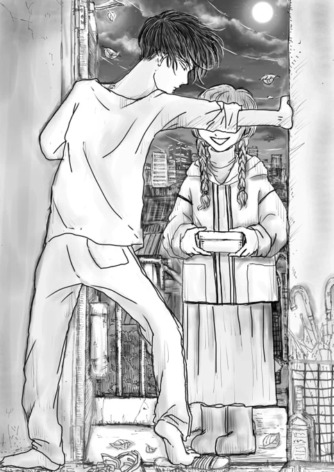 #このお題で呟怖をください  #呟怖  #呟怖イラスト 

 『 隣人 』

⋯過去絵リメイクから~隣人⋯どちら様? 