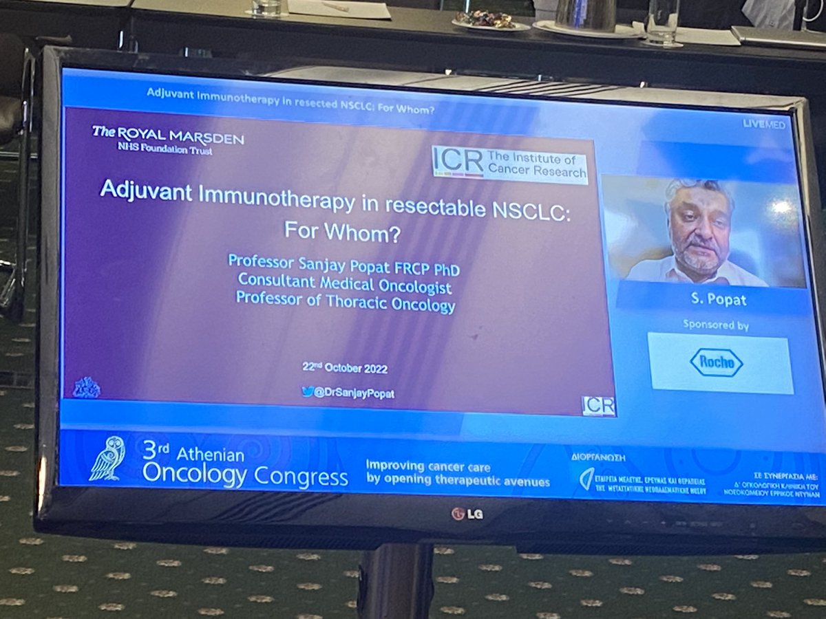 Happening now in 3rd Athenian Oncology Congress #3rdAOC: Professor @DrSanjayPopat from @royalmarsdenNHS on an elegant presentation on indications for adjuvant Immunotherapy in resected #NSCLC @OncoAlert #some #LCSM