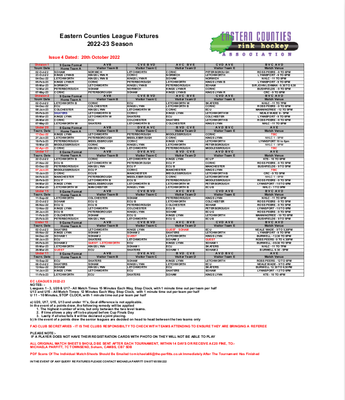 Updated ECRHA Fixture List

The latest version of the ECRHA fixtures list 2022-23 has been uploaded to the website. ecrha.co.uk/wp-content/upl…

There are still three tournaments to be confirmed, one in Under 17s and two in Under 20’s. These will be updated when they are confirmed.