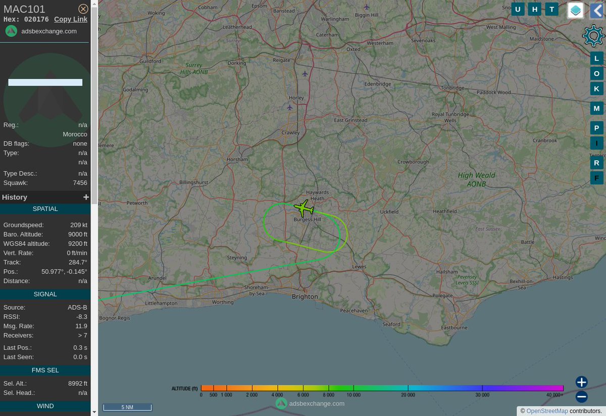 Radar_Assistant's tweet image. MULTI ADSBX MANOEUVRING ALERT : At time Sat Oct 22 10:35:05 2022 #MAC101   was likely to be manoeuvring at FL94 13nm from GY Gatwick_NDB_GB
 near Shaves Wood Lane, Albourne Farm Cottages, Albourne #AvGeek #ADSB globe.adsbexchange.com/?icao=020176&amp;amp;z…
