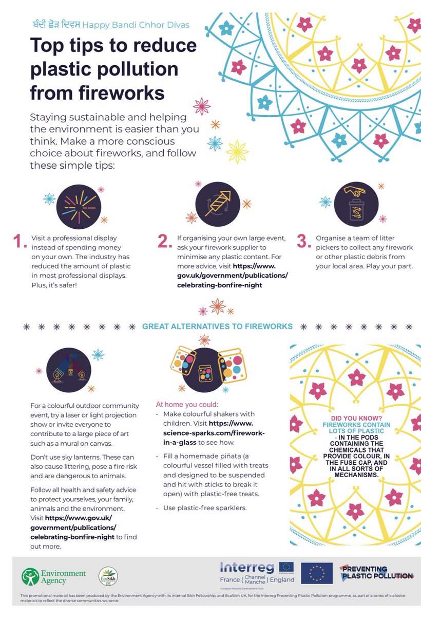EcoSikhUK's tweet photo. This Bandi Chhor Divas we want to hear how everyone is celebrating! 

We’ve collaborated with the @EnvAgencyYNE to produce these posters for their plastic pollution prevention project. 

Alternatives to fireworks are available!

Panjabi translation below 😊

Please share. https://t.co/52yfzt0Yyo