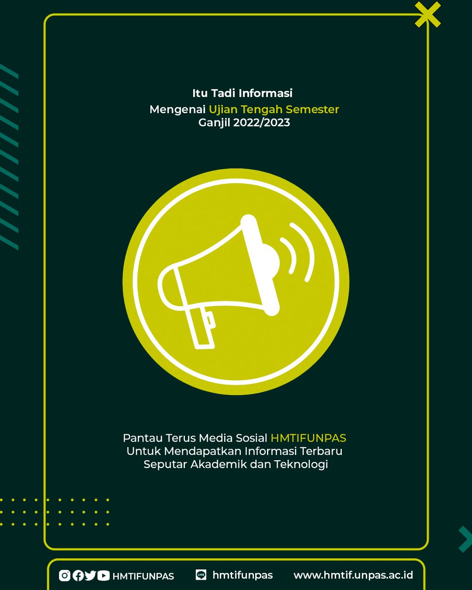 [INFO AKADEMIK]

Berikut kami informasikan Pengumuman Jadwal 
Ujian Tengah Semester  Ganjil 2022/2023.

Jangan lupa share infonya juga agar saling mengingatkan dan memberi manfaat.
------
Kabinet Magenta
HMTIF-UNPAS 2022/2023

#KabinetMagenta
#hmtifunpas
#informatikaunpas