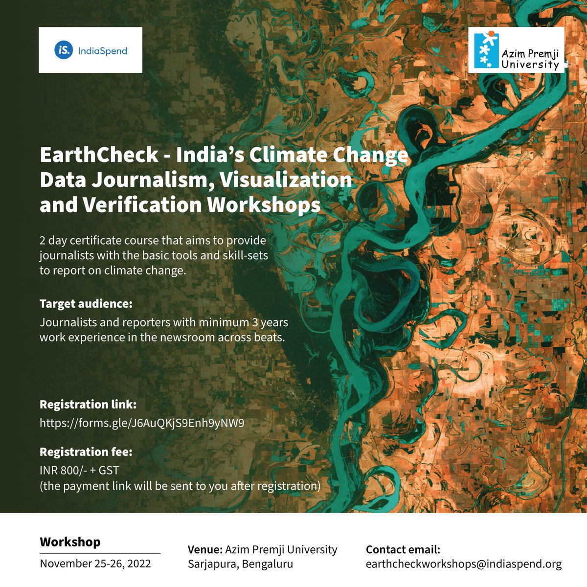 Inviting all journalists and media fraternity to attend a 2-day certificate course on Climate Change from 25-26 November 2022, <a href="/azimpremjiuniv/">Azim Premji University</a> Bangalore campus - with <a href="/IndiaSpend/">IndiaSpend</a>. Register here - docs.google.com/forms/d/e/1FAI…. Please spread the word!
#climatechange #climatecrisis