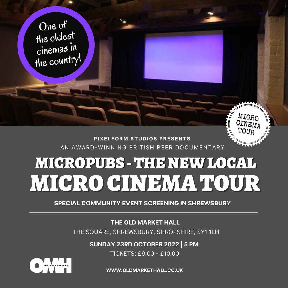 NEXT UP ON OUR MICRO CINEMA TOUR:

For one night only we're delighted to be screening at <a href="/OldMarketHall/">OMH</a> in #Shrewsbury - one of the oldest cinemas in the country! 

Discover the micropub movement this Sunday afternoon &amp; grab your tickets here:

oldmarkethall.co.uk/shows/whatson/…

Please RT