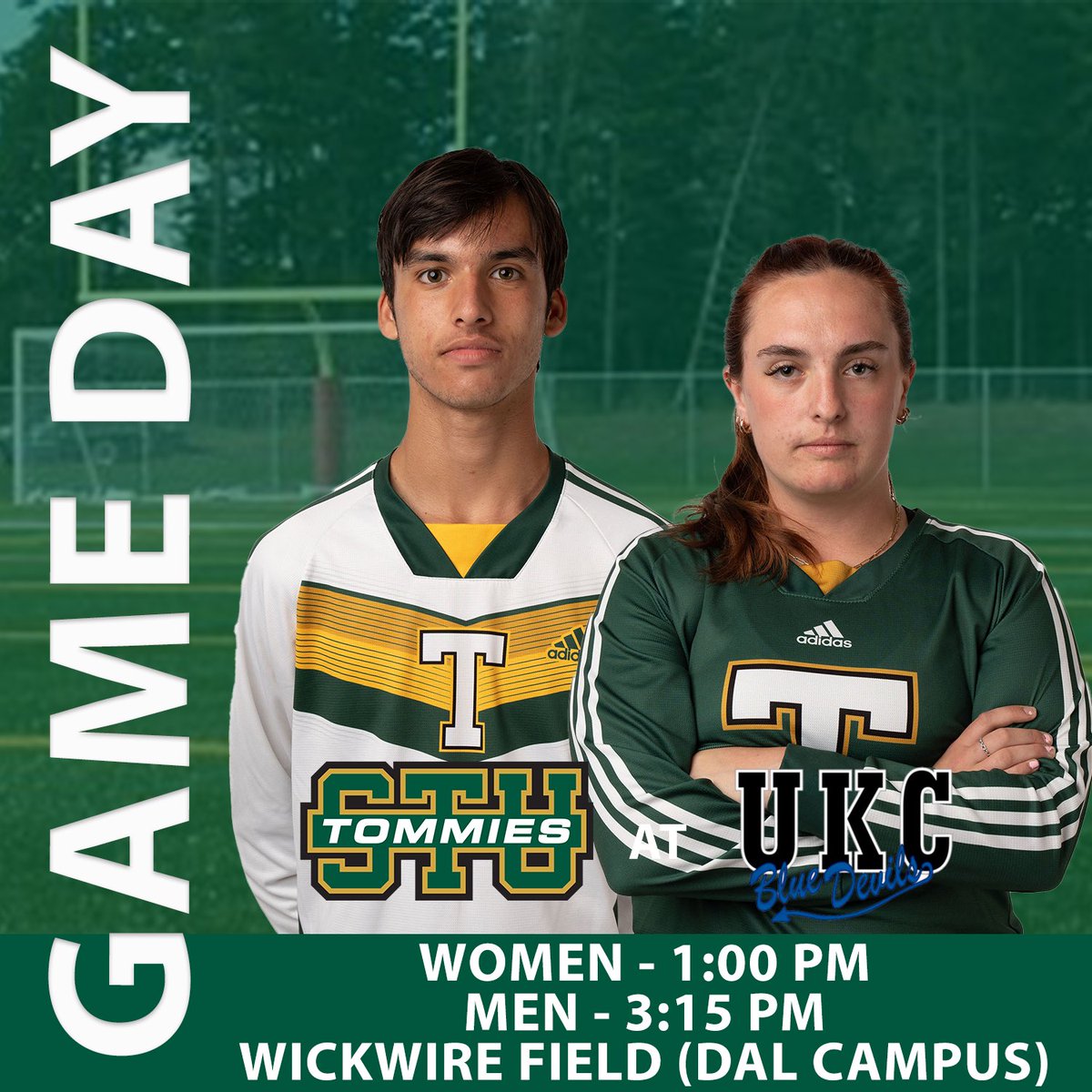 It’s GAME DAY!! 

Tommies hit the road to Halifax for our last regular season games! Today we take on <a href="/ukcbluedevils/">UKC Blue Devils</a> at Wickwire field. 

WSOC - 1:00pm
MSOC - 3:15pm 

If you are in Halifax, come cheer on your Tommies! 💛💚

Let’s go Tommies⚽️