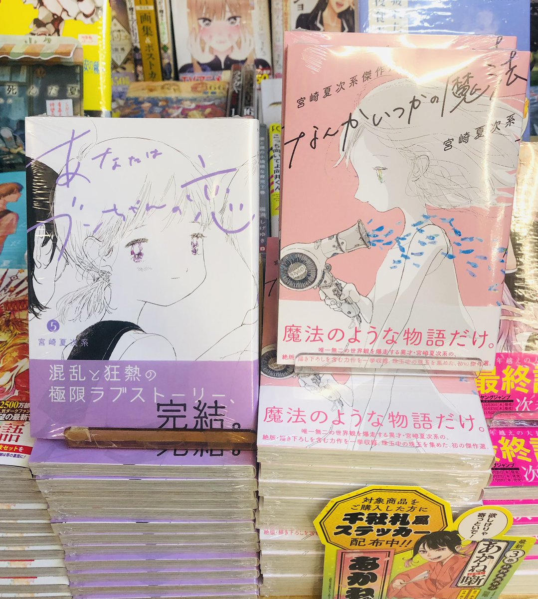 ヴィレッジヴァンガード高円寺店さまにて、新刊コーナー&レジ横で『あなたはブンちゃんの恋』完結5巻&『なんかいつかの魔法』を大展開いただいております!お近くの方はぜひ!