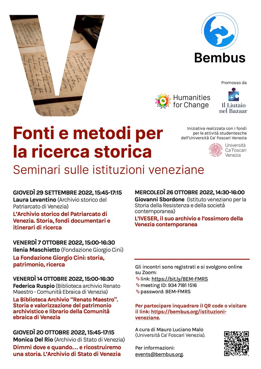 "Fonti e metodi per la ricerca storica"
26.10, il nostro Direttore, Giovanni Sbordone, parlerà di "L'IVESER, il suo archivio e l'ossimoro della Venezia contemporanea"