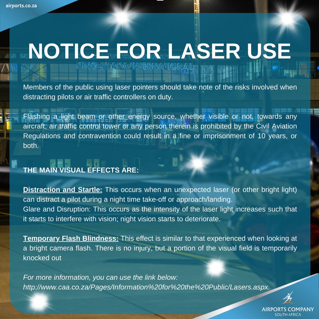 Members of the public using laser pointers should take note of the risks involved when distracting pilots or air traffic controllers on duty.