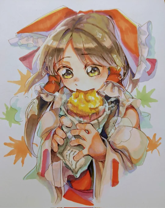 焼き芋を頬張る霊夢さんを描きました。 