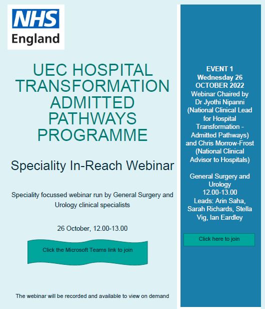 Join <a href="/Jyothinippani/">Jyothi Nippani</a> and guests for this specialty in-reach webinar
This speciality focussed webinar is run by General Surgery and Urology clinical specialists.
Wed 26th Oct.
12:00 - 13:00
Follow link to download flyer with embedded Teams link
future.nhs.uk/ECISTnetwork/v…