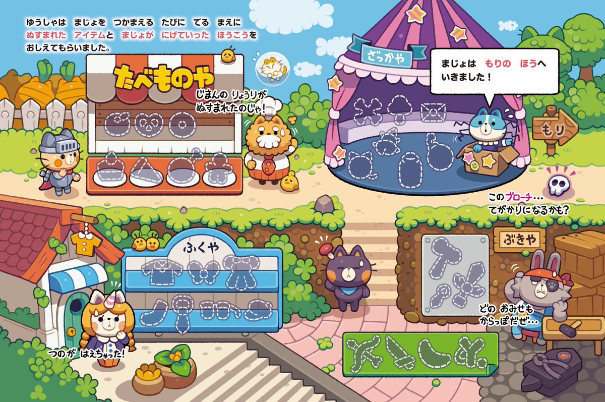 『ニャンデモクエスト』少しだけ、中身のご紹介です。
魔法をかけられたネコたちや、色々なモンスターが登場します。🍄🥕🍅
いじわるまじょをつかまえて、ニャンデモ王国に平和を取り戻そう!