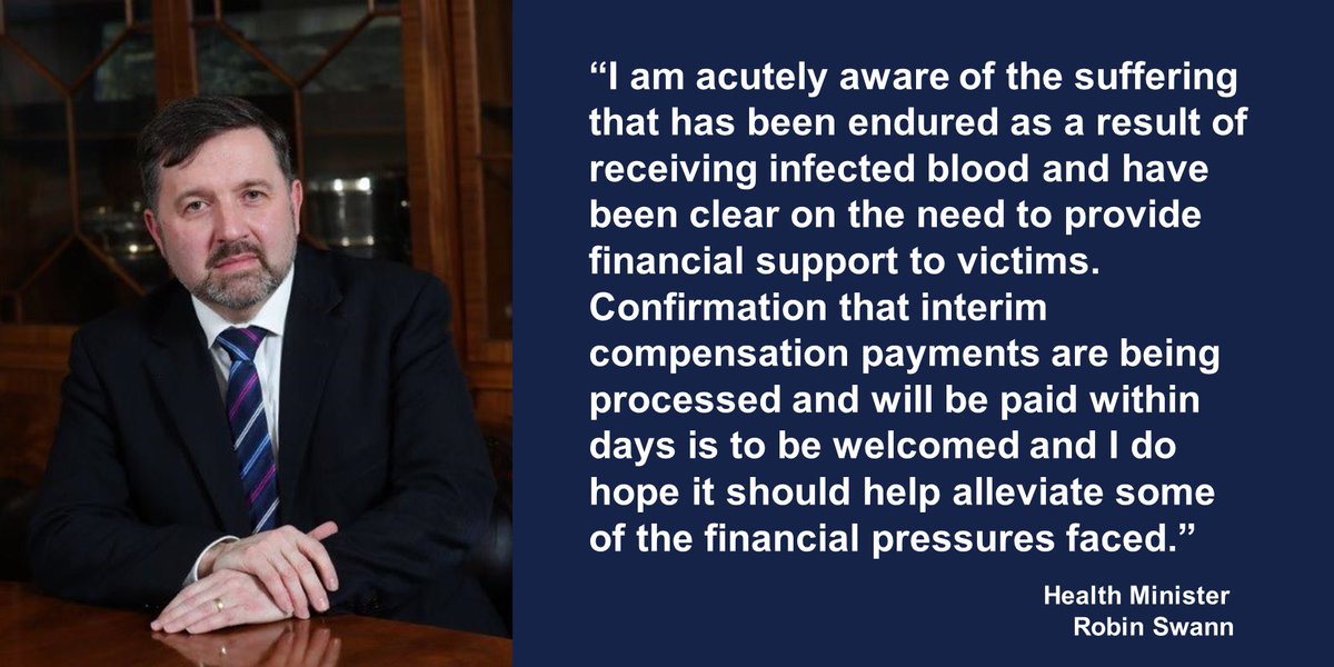 Health Minister Robin Swann has welcomed confirmation from the UK Government that interim payments will be made by the end of the month to victims of contaminated blood in Northern Ireland. ➡️ health-ni.gov.uk/news/infected-…