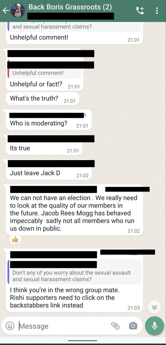 NEW: A member of a grassroots Bring Back Boris Whatsapp chat has told another member they're in 'the wrong group' when they raised concerns about 'sexual assault and harassment claims'. They were told to 'click on the backstabbers link instead'. See below