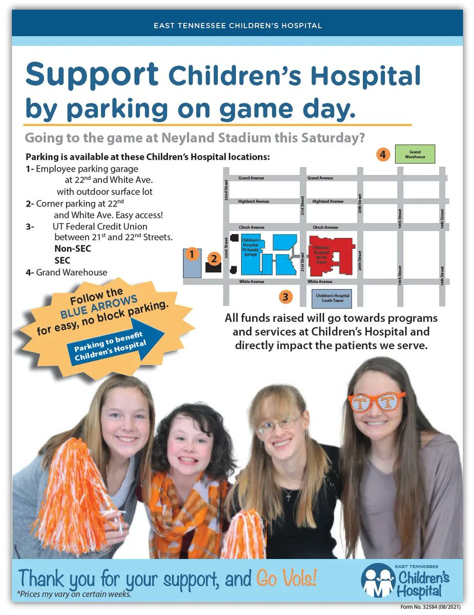 dollychildrens's tweet photo. TODAY is game day! If you're looking for parking options to watch Tennessee take on UT-Martin at Neyland Stadium, we have the answer for you - and you can help support Children's Hospital! Four different convenient locations, beginning at 6am. See the flyer for details.... https://t.co/ex4dkl7qbO